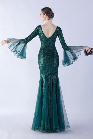 Dark Green Sequin V-neck Long Sleeves Mermaid Formal Dress